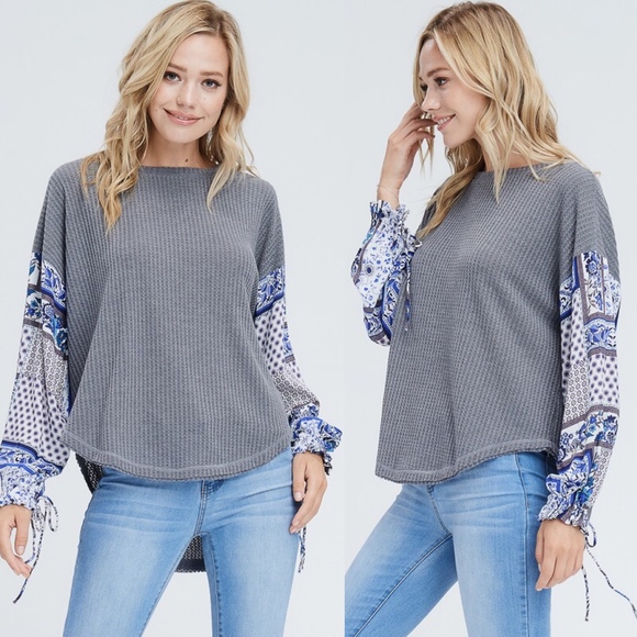 #28 Boho Grey Floral Print Sleeve Waffle Top - Picture 3 of 5
